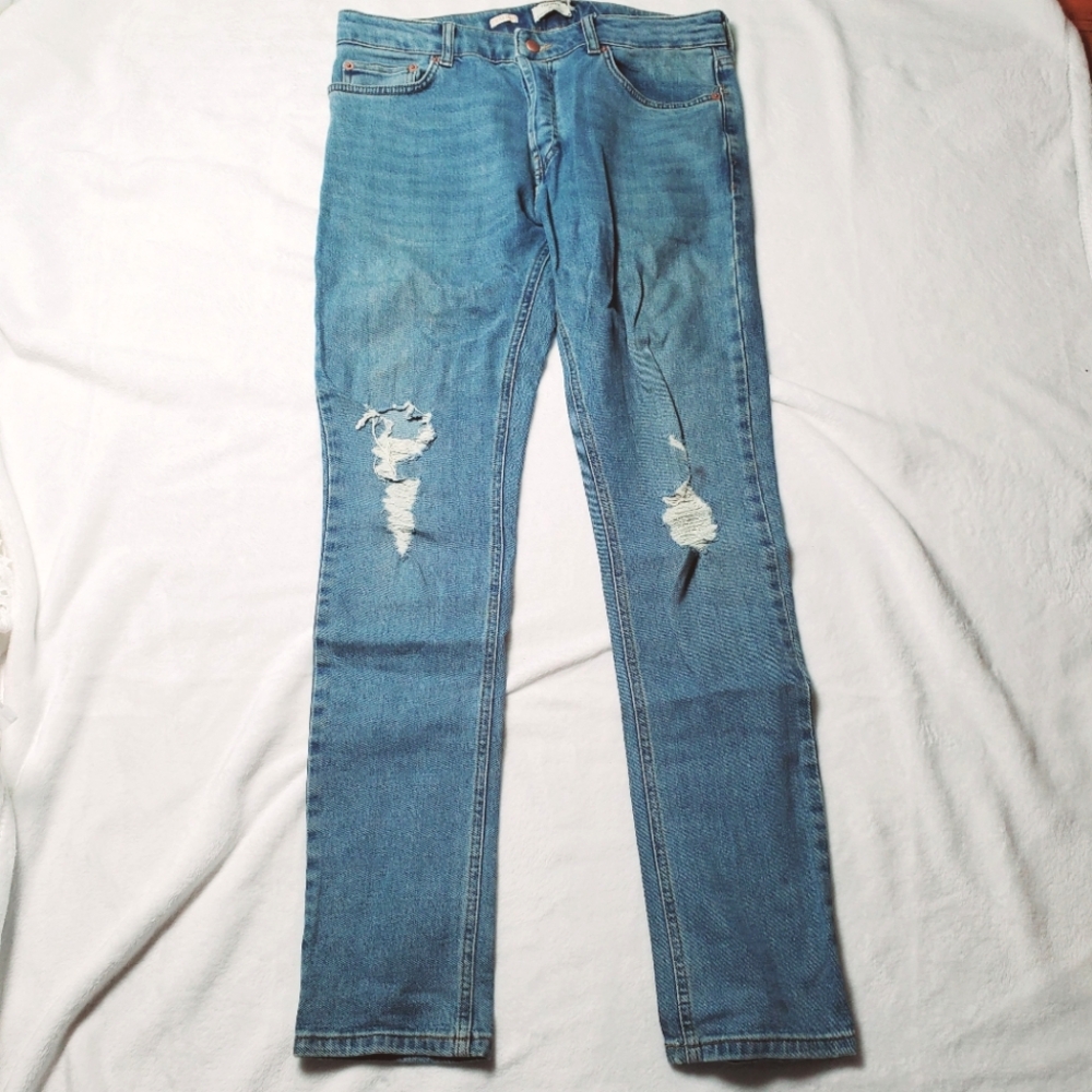 TopMan Western Stretch Skinny-Fit Distressed/ Destroyed Blue Jeans Size 34x31